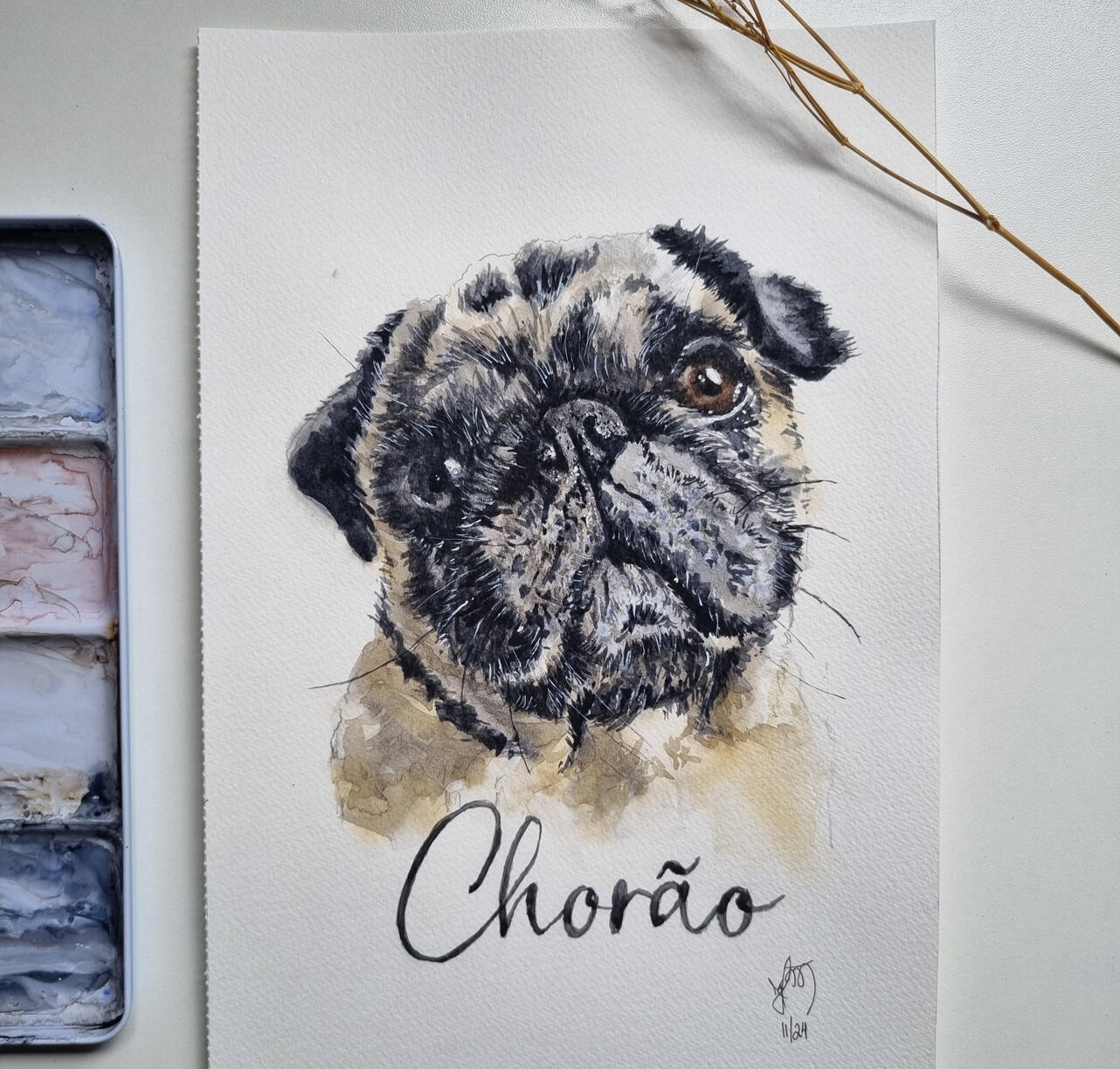 Aquarela personalizada de cachorro pug pintada à mão Aquarela de cachorro pug pintada à mão